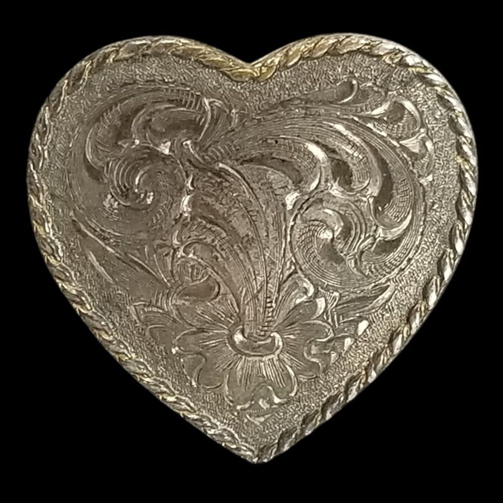Belt Buckle Heart Montana Silversmiths Sterling Silver Plate Floral Engraved